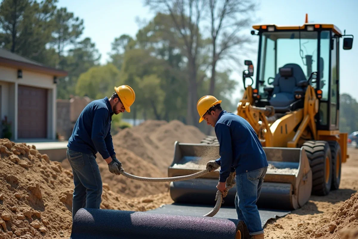 Geotextile stabilization fabric rolled across loose sandy soil before aggregate base placement