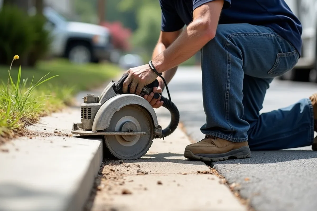 Specialized horizontal concrete saw shaving sidewalk trip hazard flush with adjacent slab