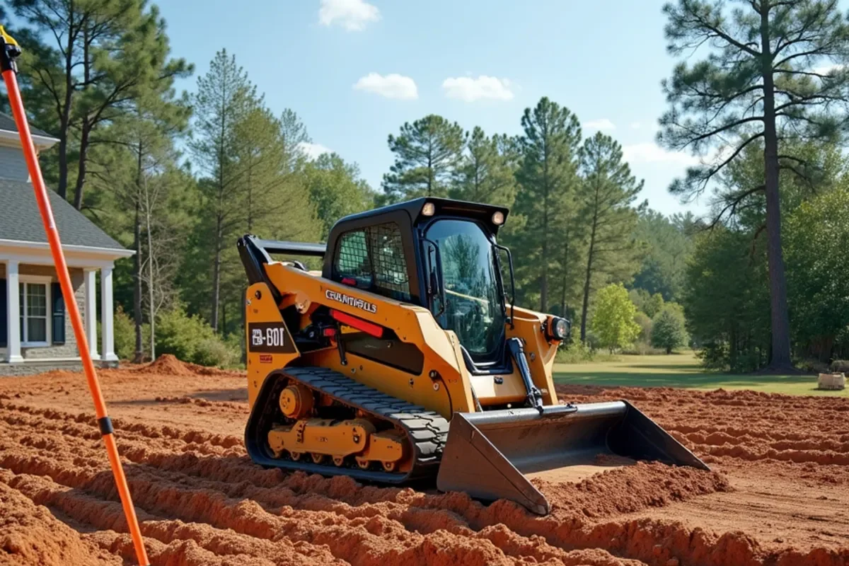 Skid steer loader stripping topsoil and preparing subbase for residential driveway installation