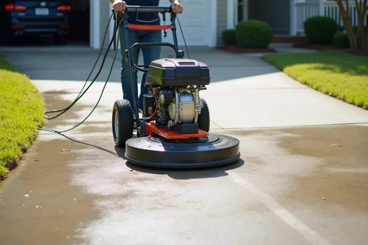 Commercial rotary surface cleaner washing concrete driveway without etching the surface