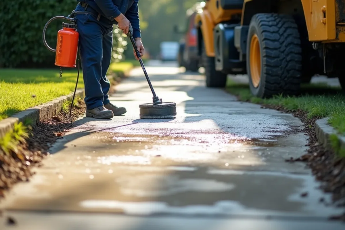 Eco-friendly cleaner removing organic mold and mildew stains from shaded concrete sidewalk