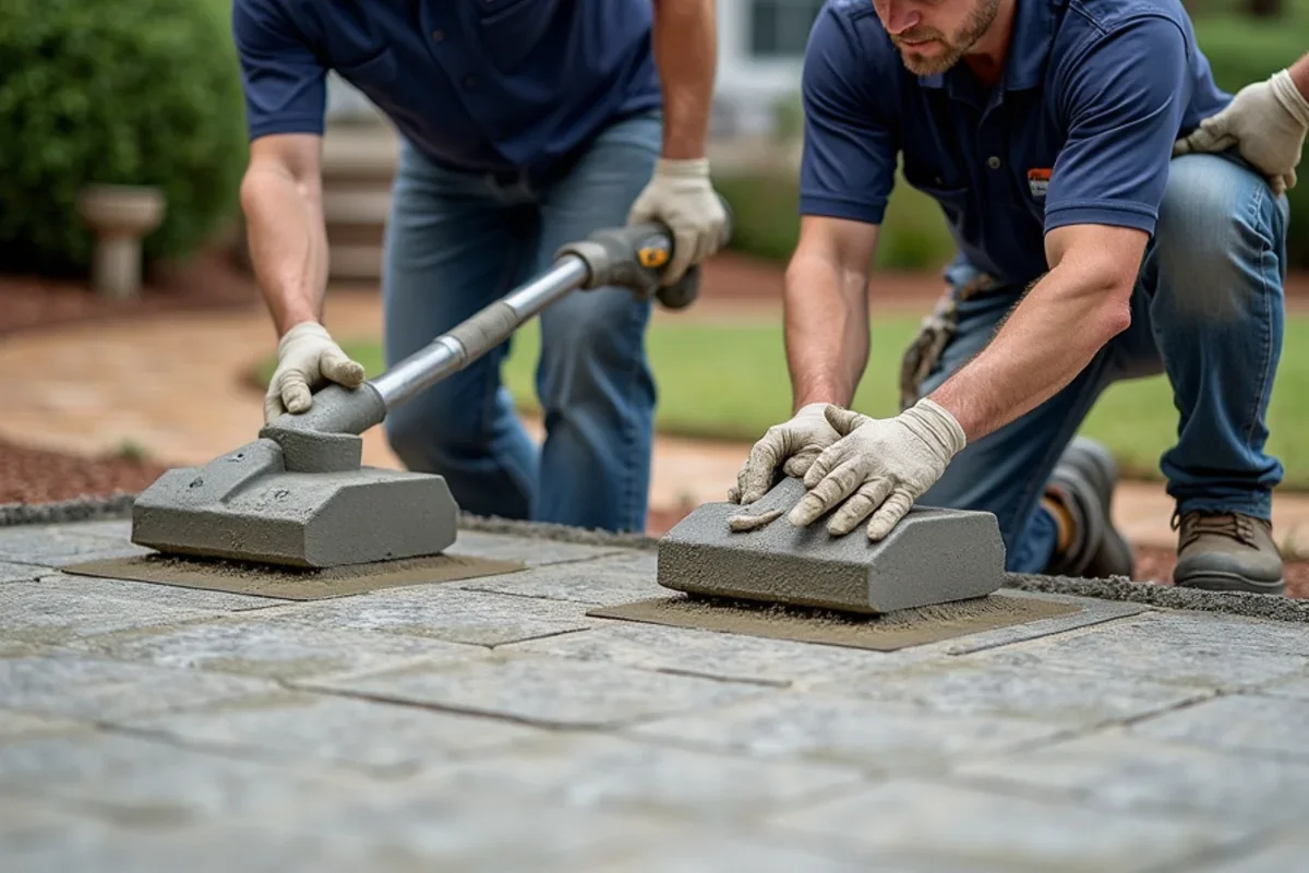 Crew stamping decorative slate texture into freshly placed colored concrete patio surface
