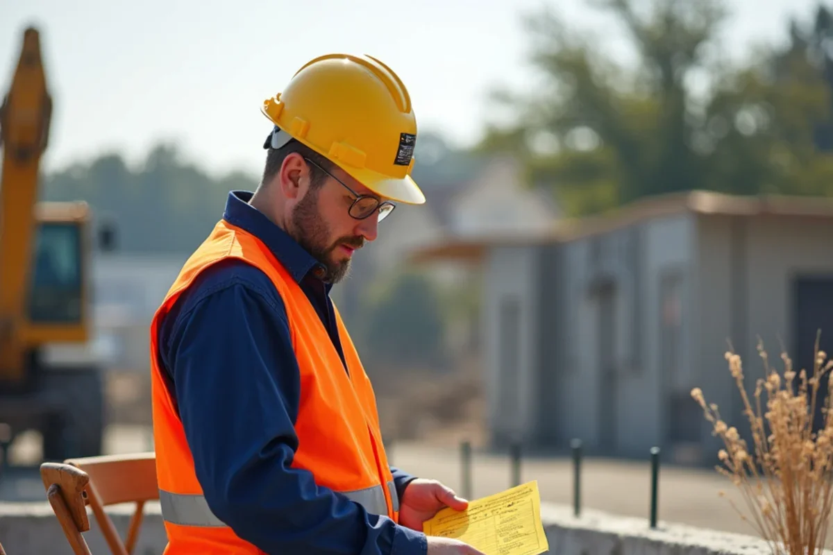 City building inspector checking rebar clearance and aggregate compaction with permit card