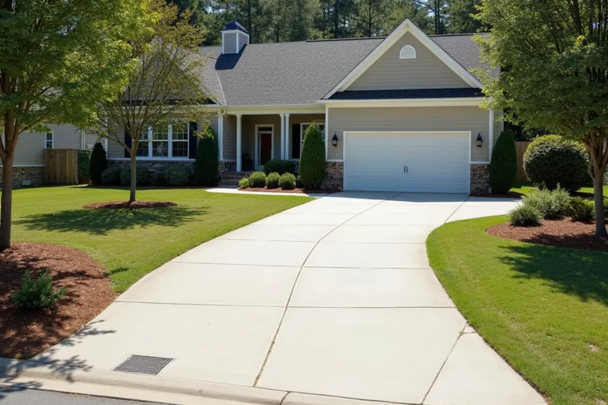 Wide angle property overview showing driveway connection from street to detached garage