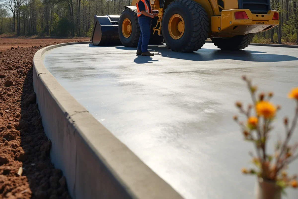 Monolithic concrete header curb poured around agricultural machinery wash pad