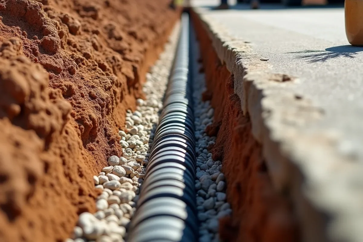 Deep gravel French drain installation intercepting hillside groundwater above driveway