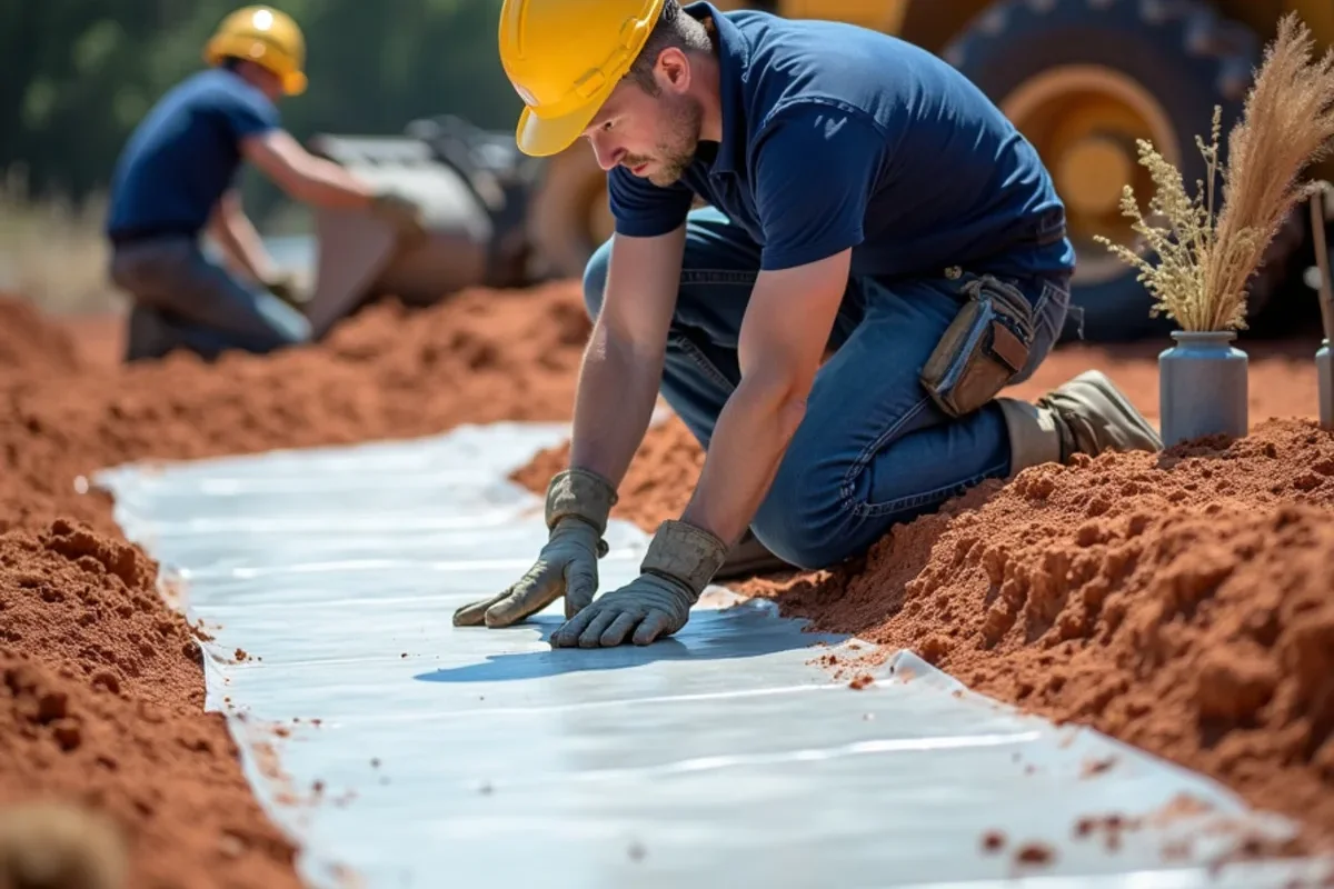 Heavy black polyethylene sheet installed over clay subgrade to equalize hydration during cure