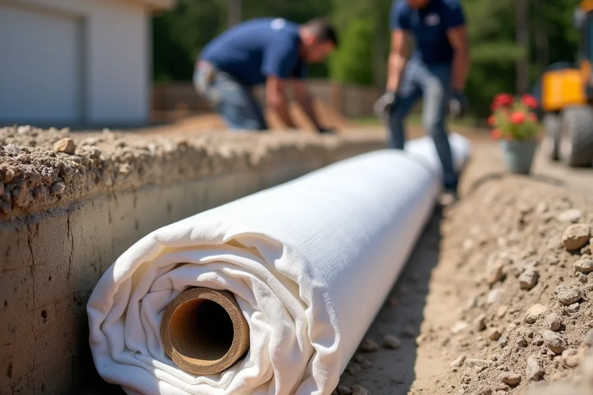Heavy non-woven filter fabric separating native clay soil from washed backfill aggregate