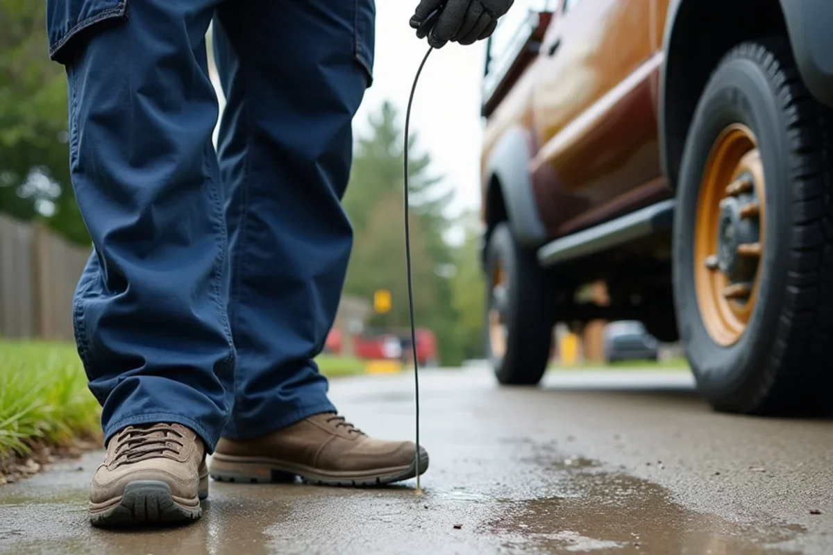 Inspecting surface wear on topical acrylic concrete sealer across heavy vehicle tire tracks