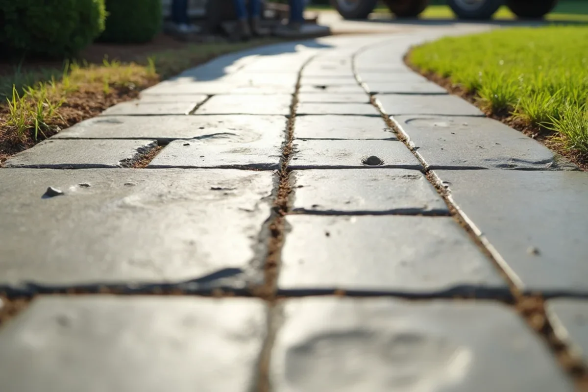 Close-up of continuous monolithic stamped concrete surface with zero joint gaps for weeds