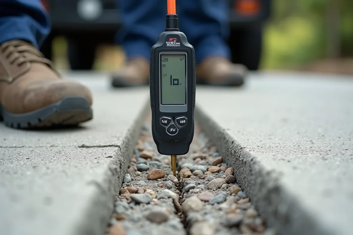 Digital depth gauge measuring a vertical trip hazard offset along a residential concrete walkway