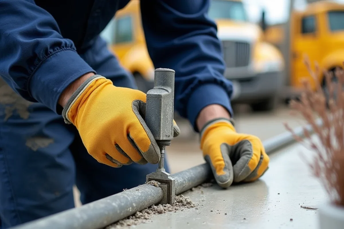 Technician installing epoxy-anchored steel rebar dowels into existing concrete slab edge