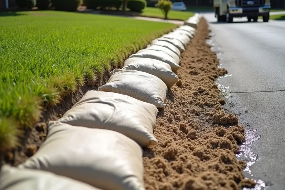 Temporary sandbag diversion berm channeling storm runoff away from exposed slab edge