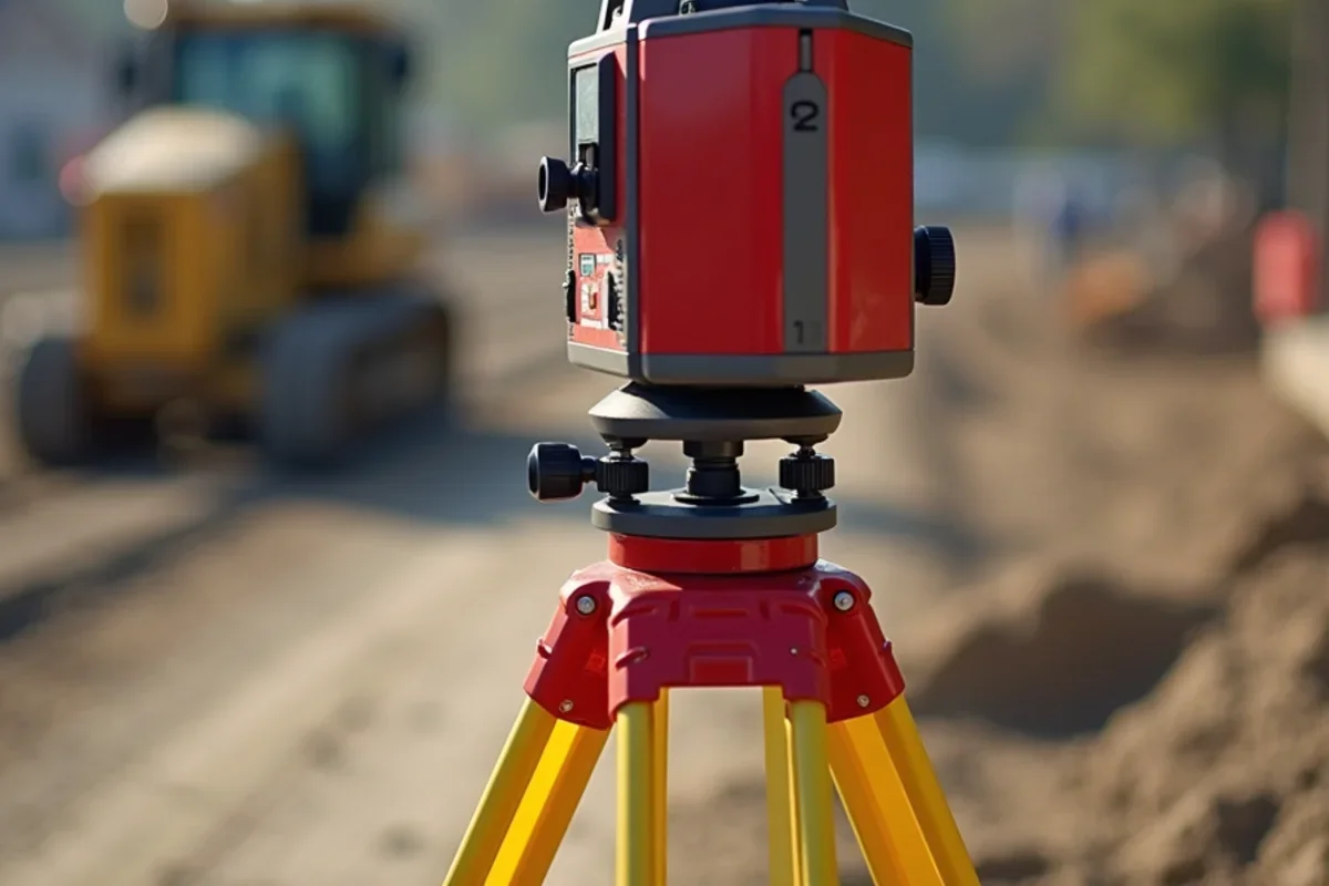 Dual-slope rotary laser transmitter mounted on tripod broadcasting elevation planes across lot