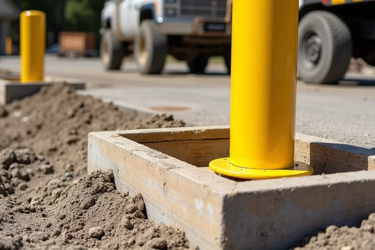 Heavy 6-inch steel pipe bollards cast deep into concrete footings to protect commercial dumpster enclosures