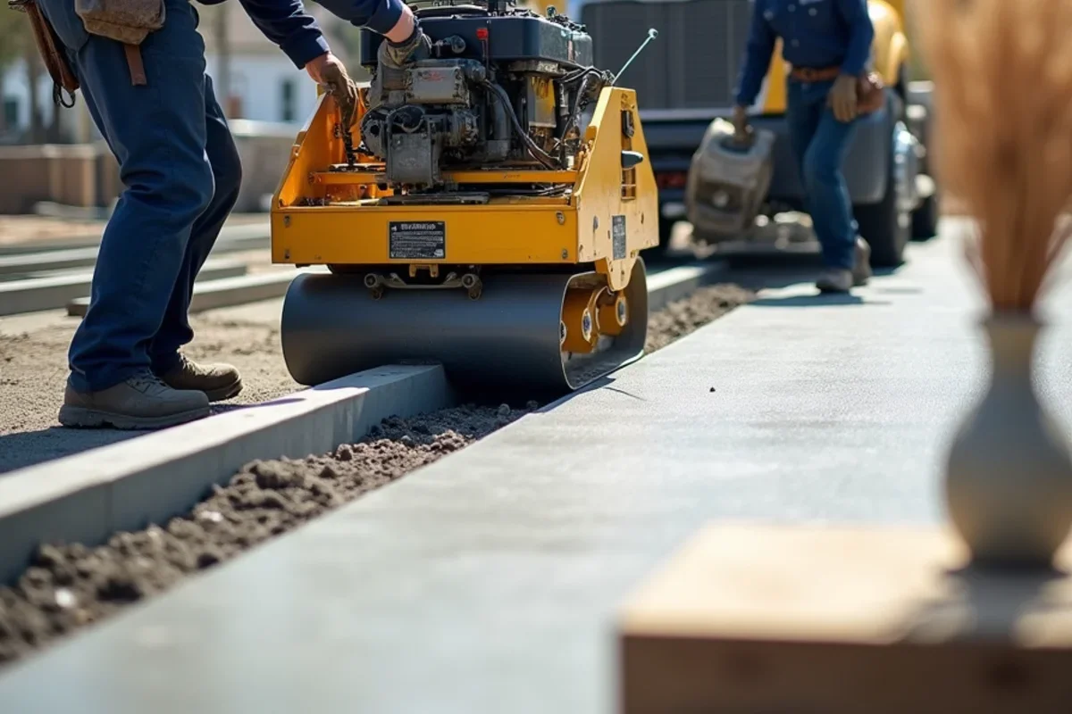 Engine-powered vibratory truss screed striking off thick commercial concrete slab with zero voids