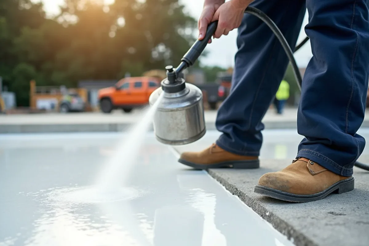 Commercial backpack sprayer applying white pigmented ASTM C309 curing compound on fresh slab