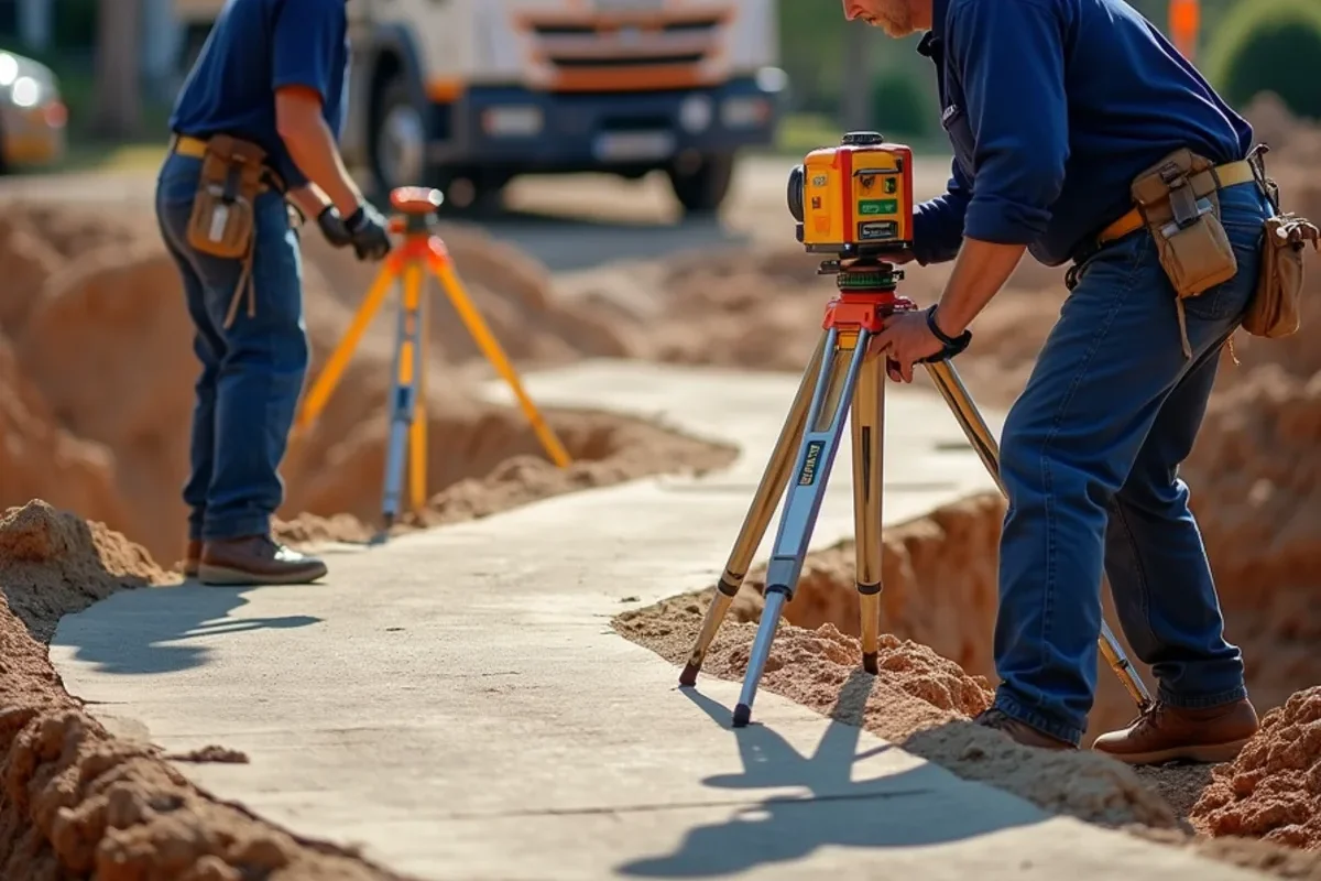 Project manager establishing 1/4-inch per foot drainage pitch across concrete flatwork with rotary laser
