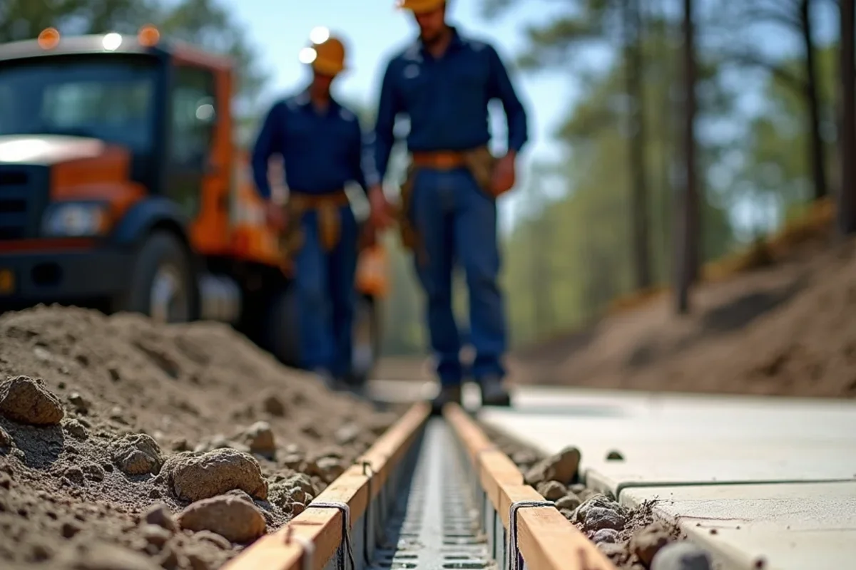 Setting modular polymer concrete trench drain channel suspended in concrete formwork