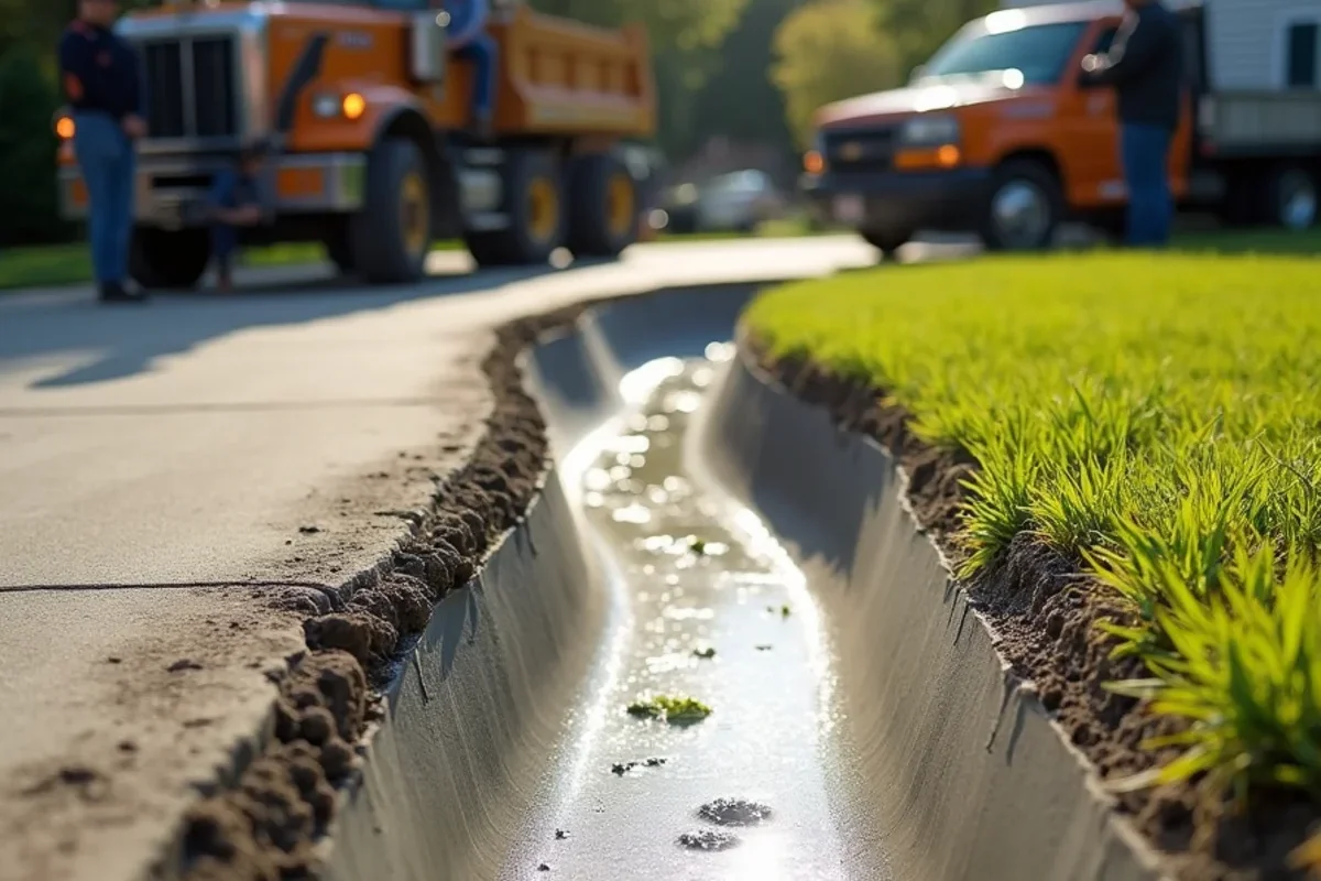 Shallow curved concrete valley swale poured to channel lawn stormwater safely across driveway edge