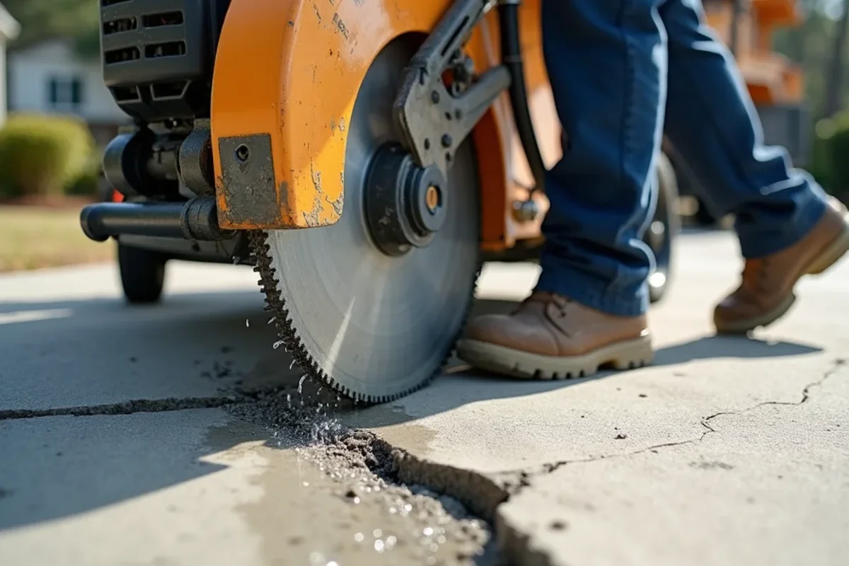 Walk-behind concrete saw with diamond blade cutting full depth along existing driveway control joints