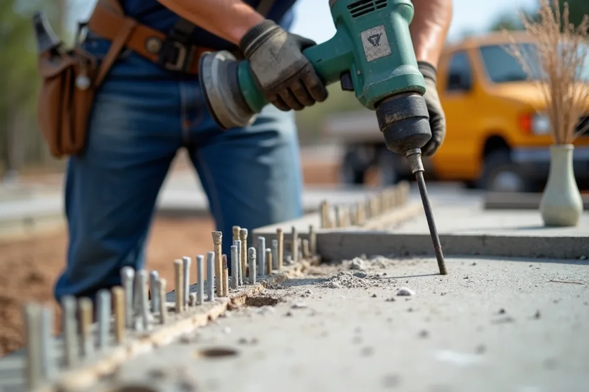 Rotary hammer drill creating horizontal holes in sound concrete slab to install epoxied steel tie dowels