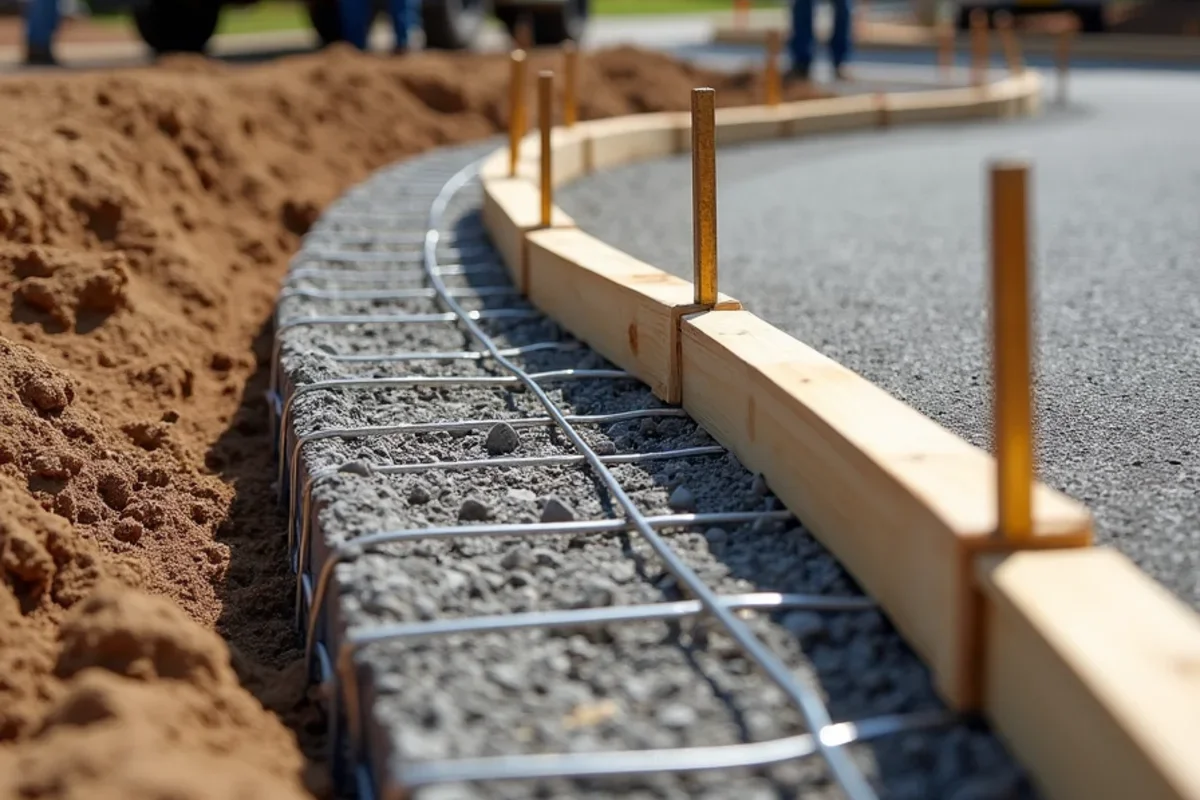 Rigid 2x6 wood formwork secured with steel pins and tied steel rebar grid ready for concrete pour