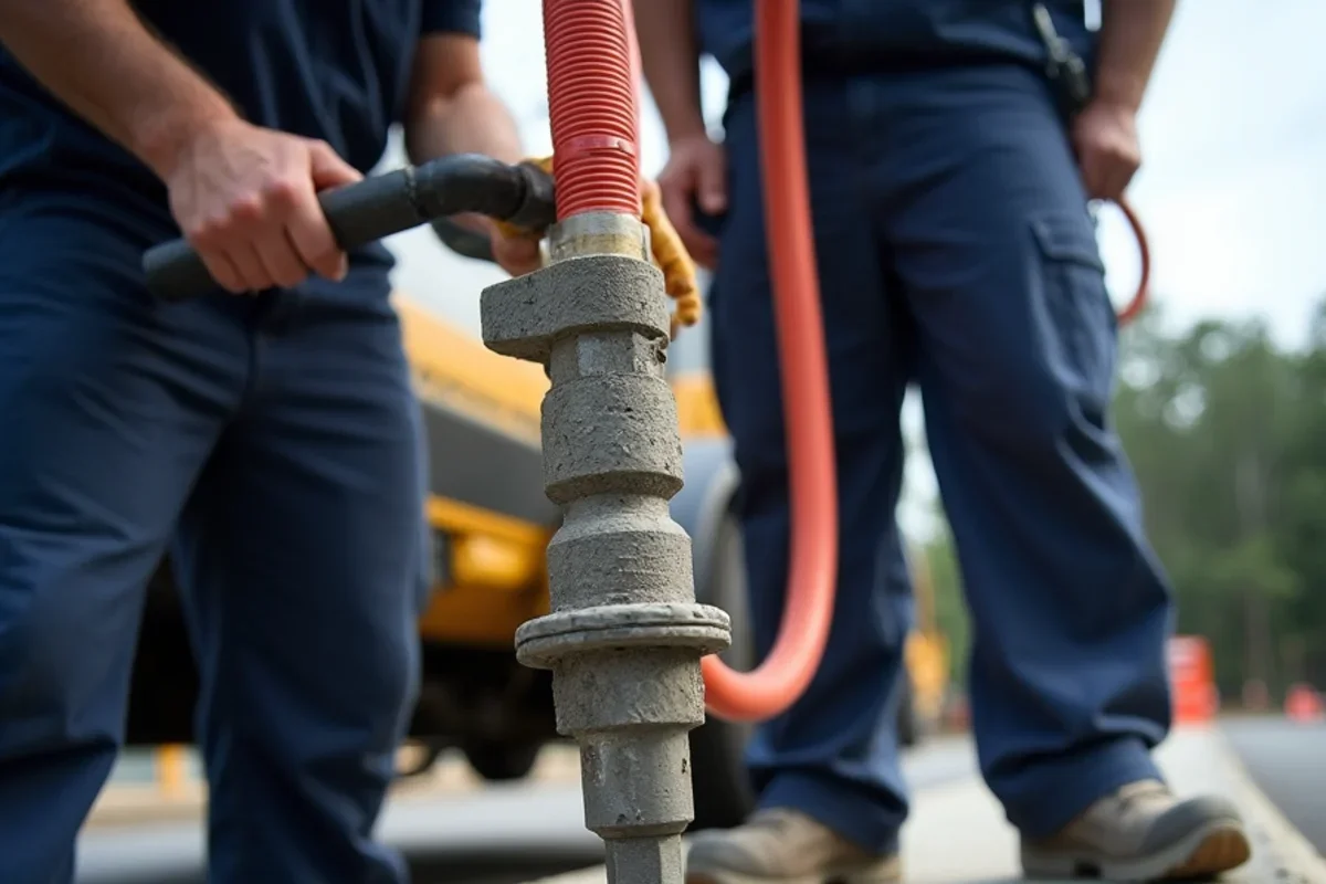 Geotechnical injection gun delivering two-part expanding high-density polyurethane foam beneath slab
