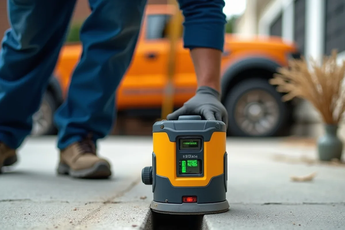 Digital smart level and laser detector monitoring concrete slab rising millimeter by millimeter