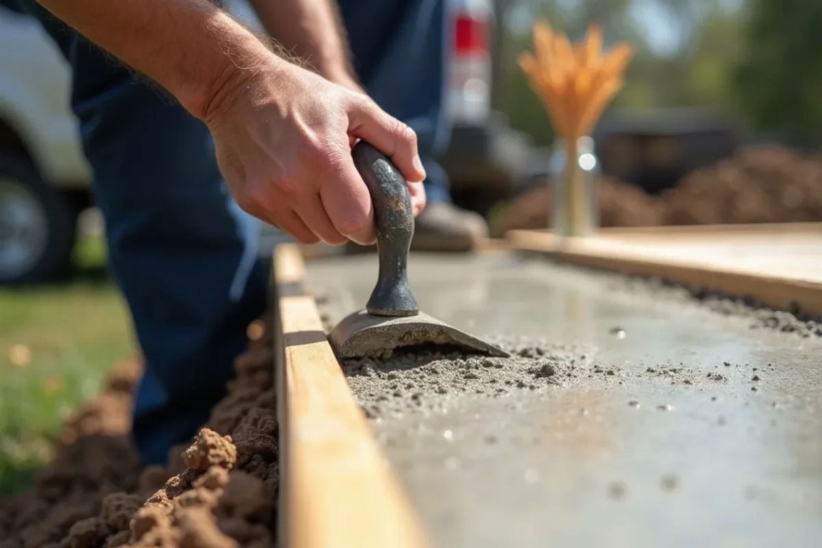 Finisher hand-tooling smooth curved edge radius along wooden patio forms with stainless steel edger