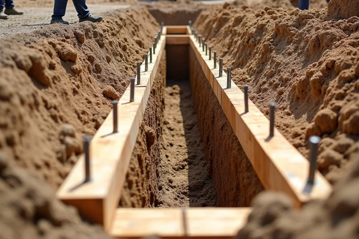 Deep below-frost foundation footing trench excavated with keyway groove for structural retaining wall