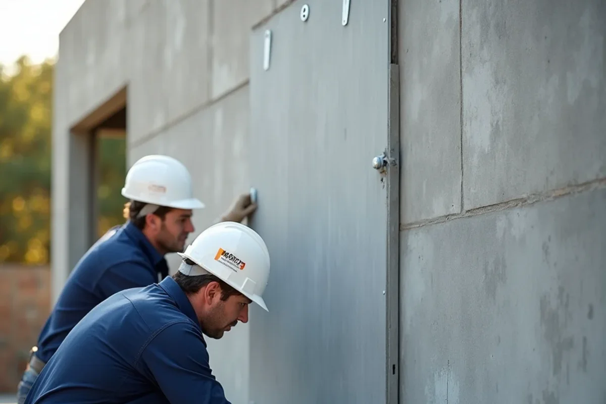 Stripping modular steel-ply forms to reveal clean, smooth architectural concrete retaining wall face