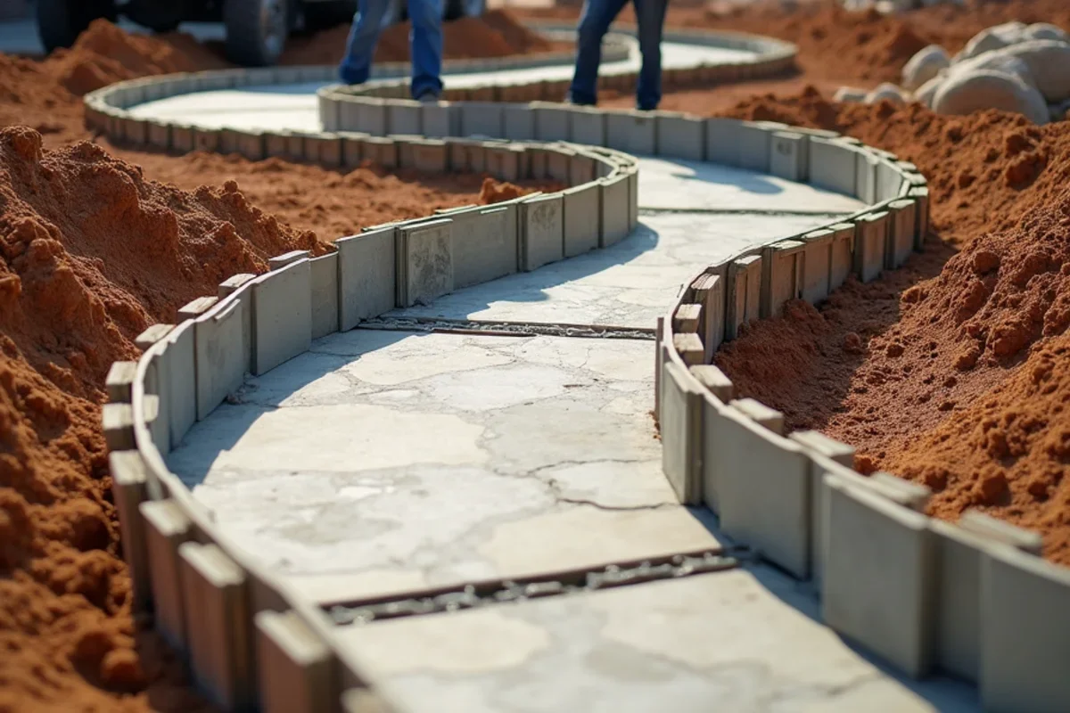 Flexible masonite formwork staked into gentle curves shaping an architectural concrete walkway