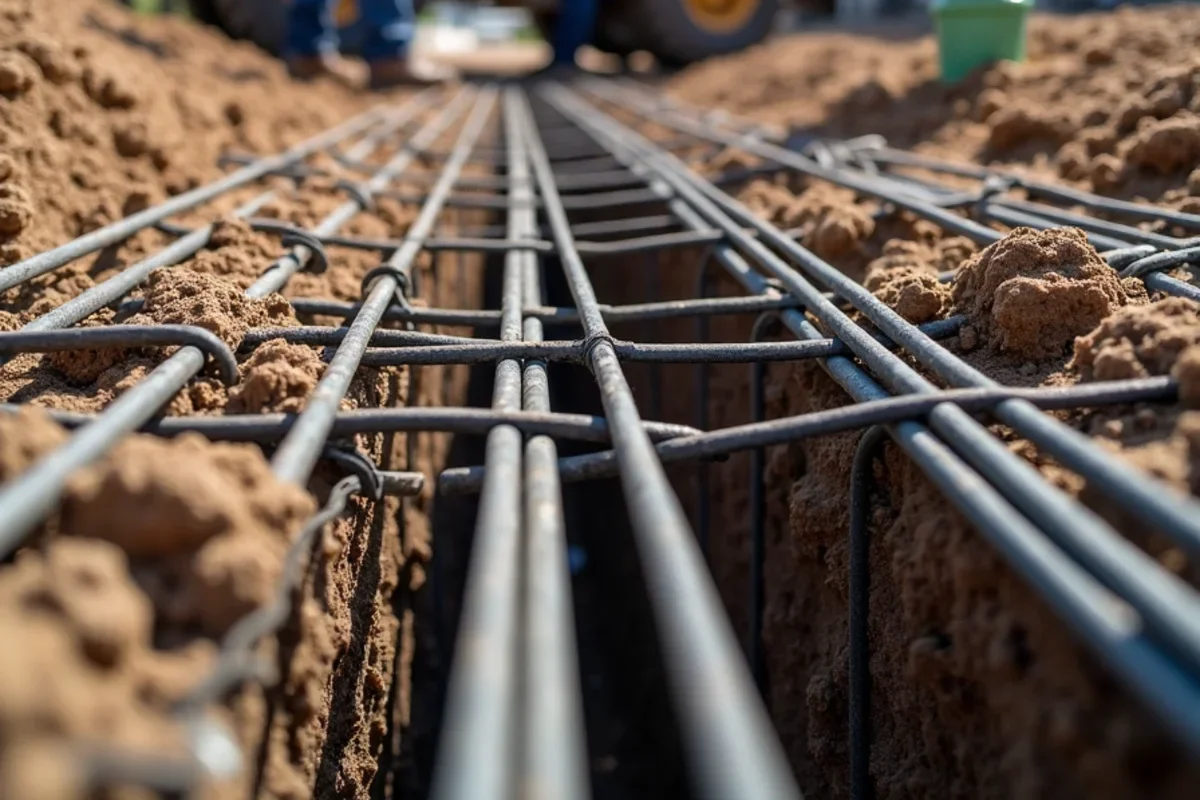 Tied continuous steel rebar cage reinforcement inside thickened footing trench with corner bends