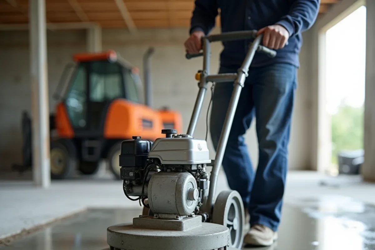 Ride-on power trowel machine polishing high-density commercial concrete shop floor to smooth finish