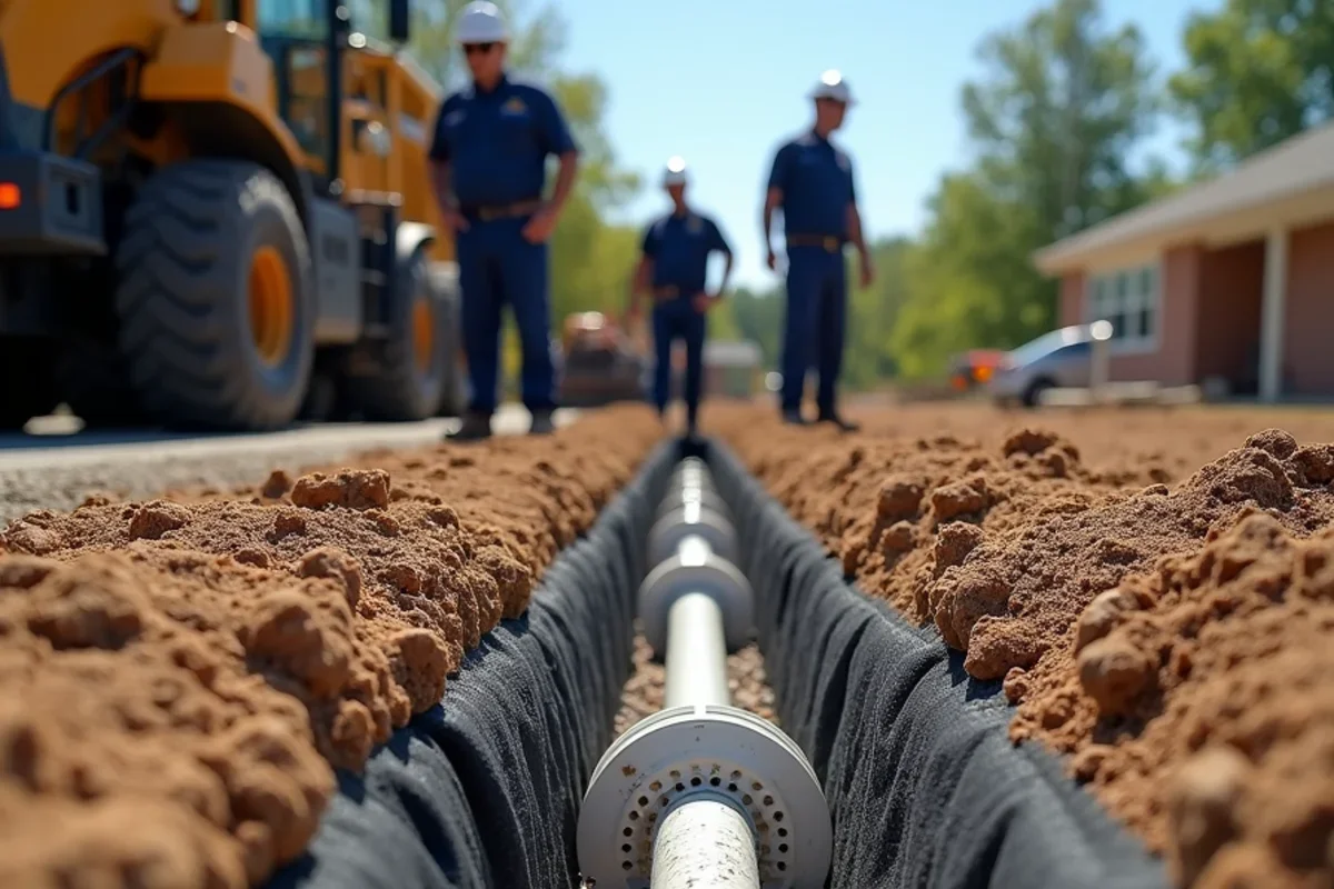 Non-woven filter fabric and perforated drainage pipe installed along patio edge to capture runoff