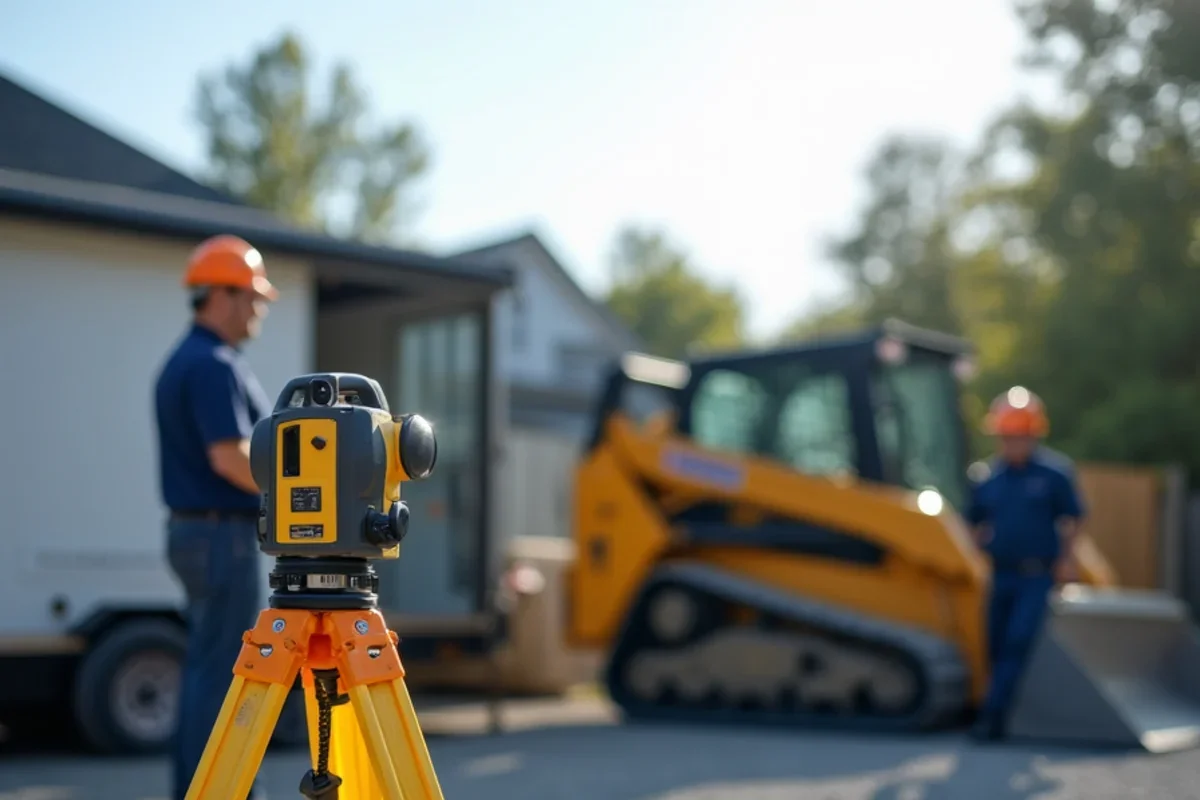 Commercial concrete equipment trailer and dual-slope laser level tripod staged on a residential job site in Aiken County
