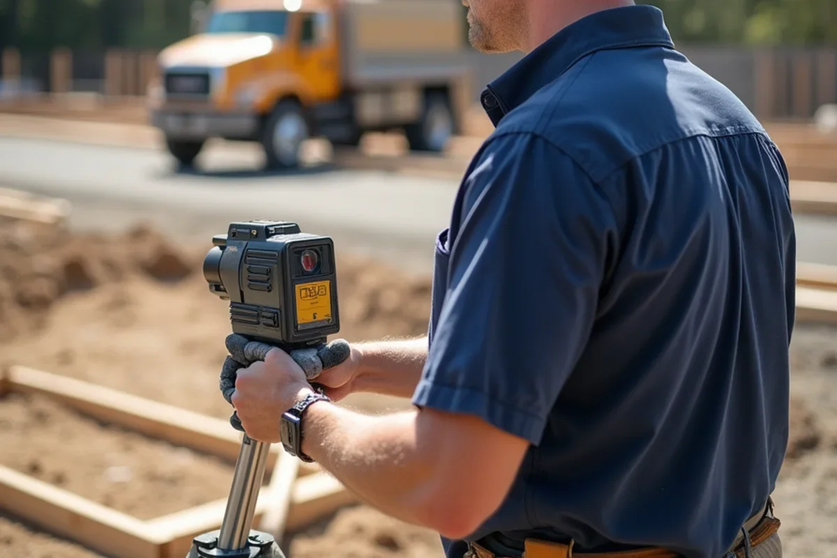 Concrete field lead in navy workwear surveying soil elevation with optical laser grade rod in North Augusta