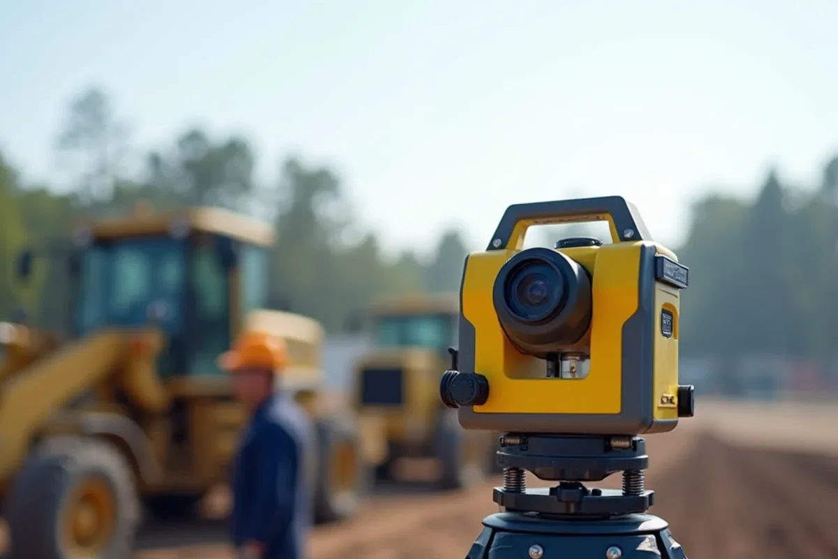 Topcon dual-slope rotary laser transmitter mounted on heavy tripod overlooking construction site