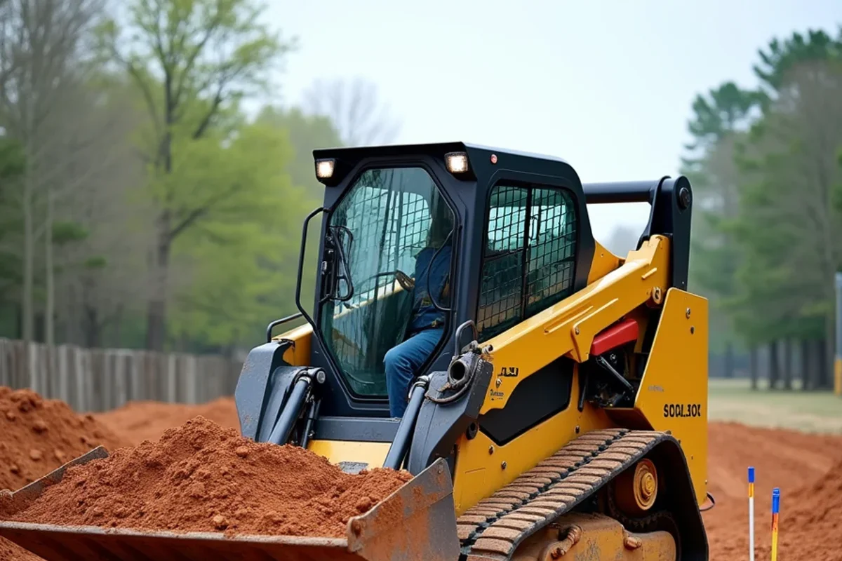 Skid steer loader moving native red clay from high ground to fill low depression uniformly