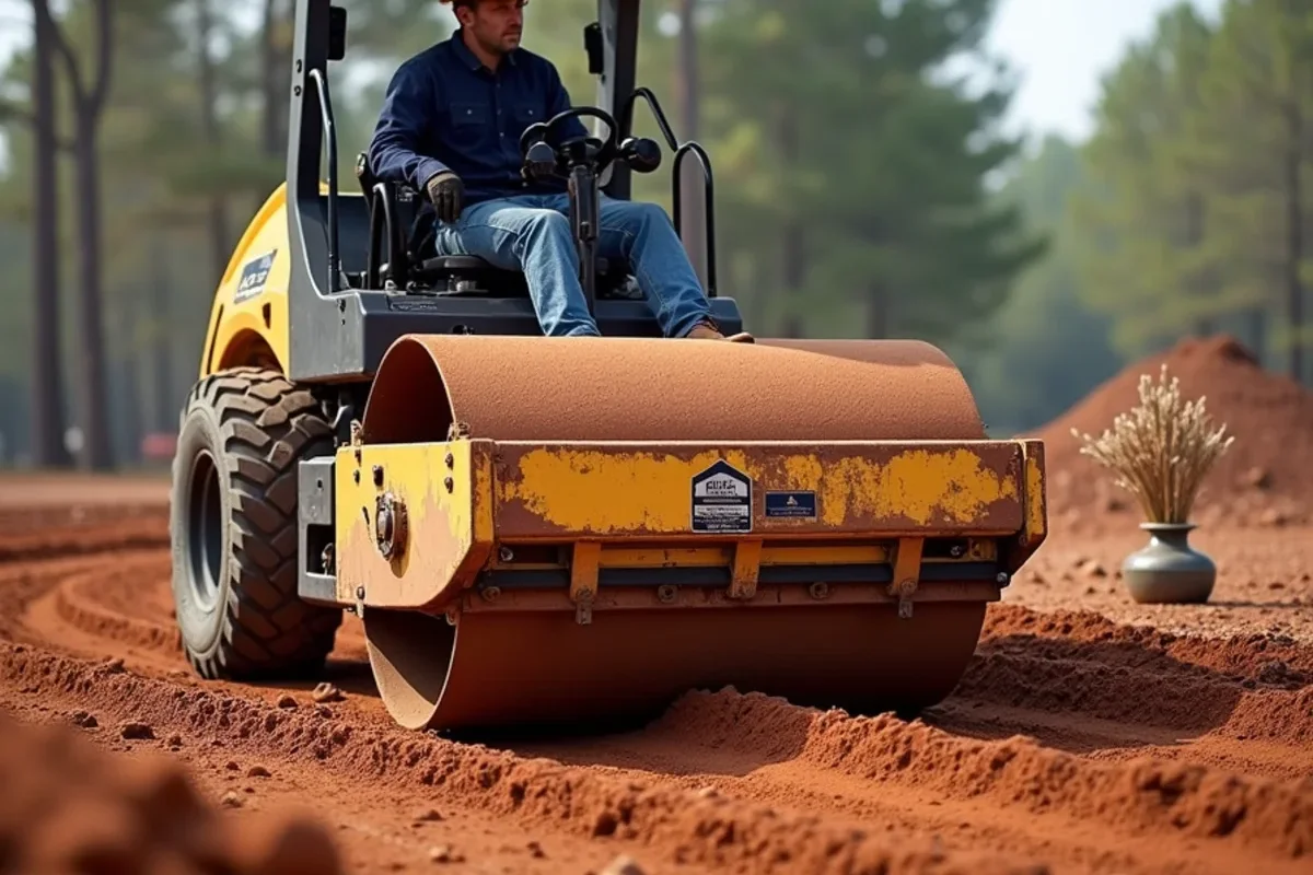 Heavy vibratory sheepsfoot drum roller packing native red clay soil in uniform 6-inch lifts