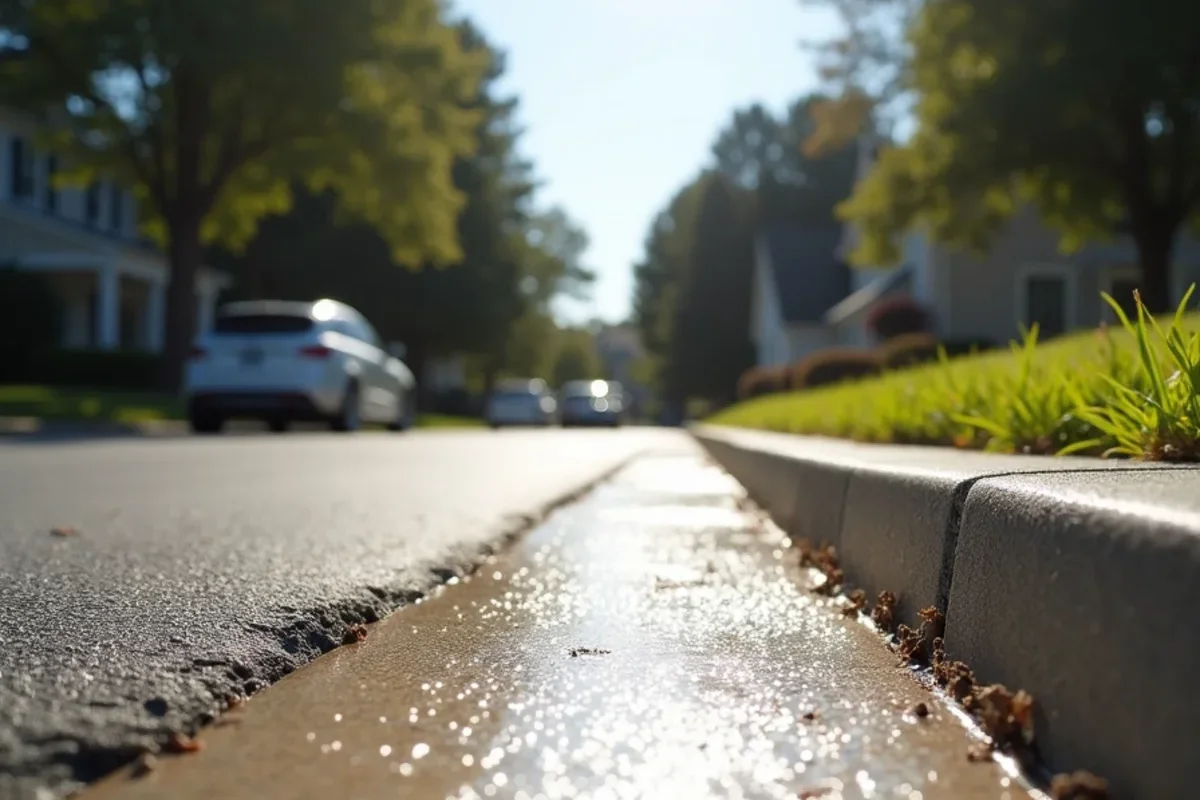 Immaculate two-car concrete driveway with curved apron transition connecting to a residential neighborhood street