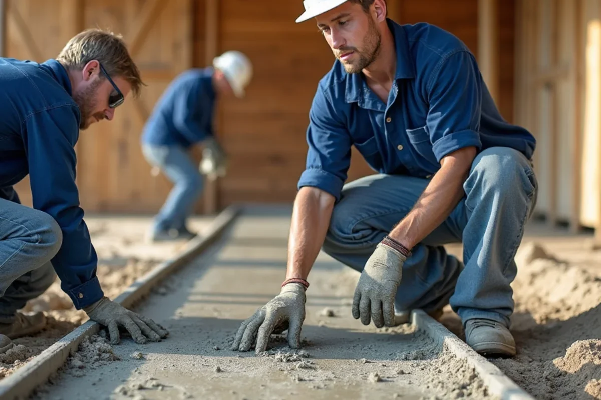 Concrete crew placing textured non-slip wash stall concrete slab at an Aiken County equestrian barn