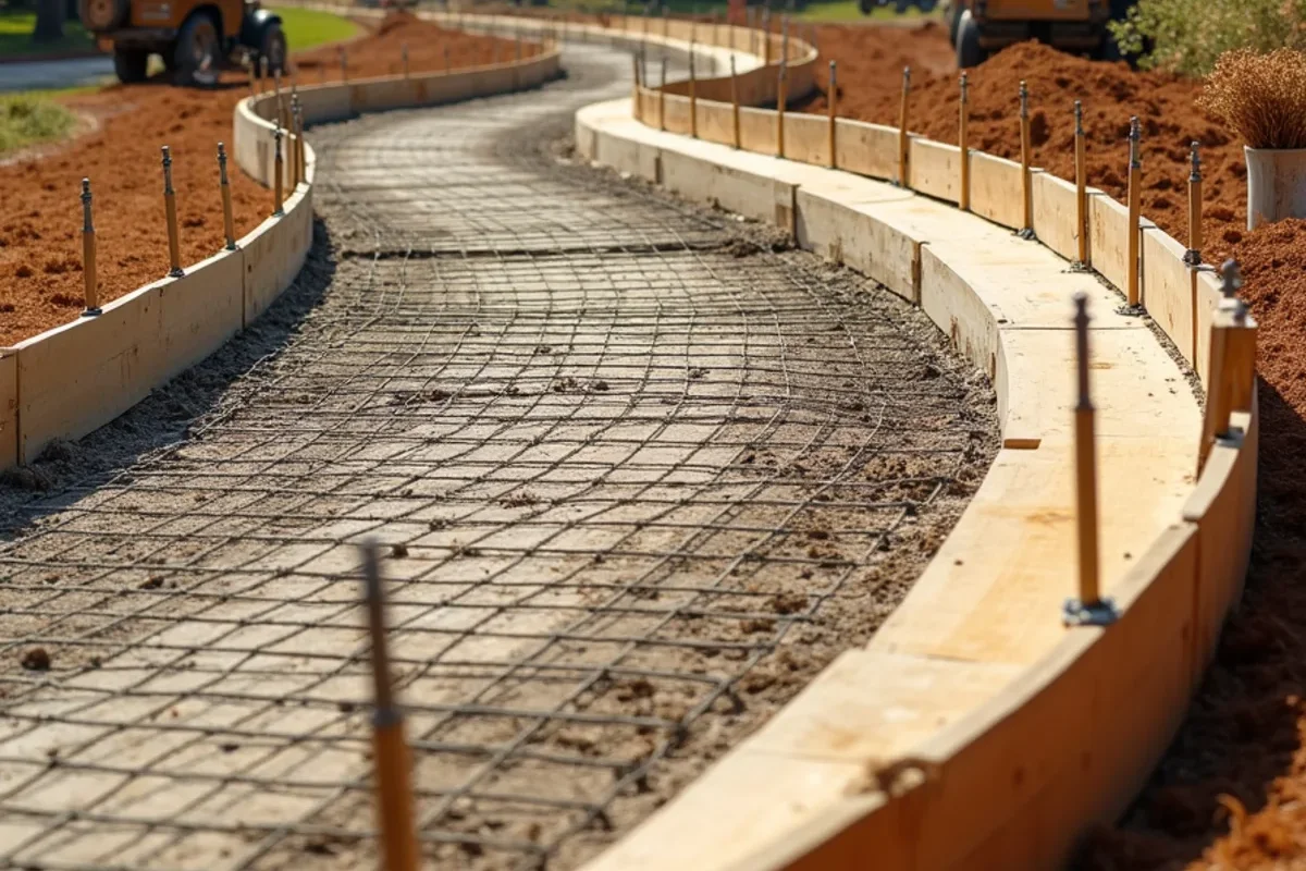 Rigid curved formwork staked along tree-lined estate driveway ready for 4000 PSI concrete placement
