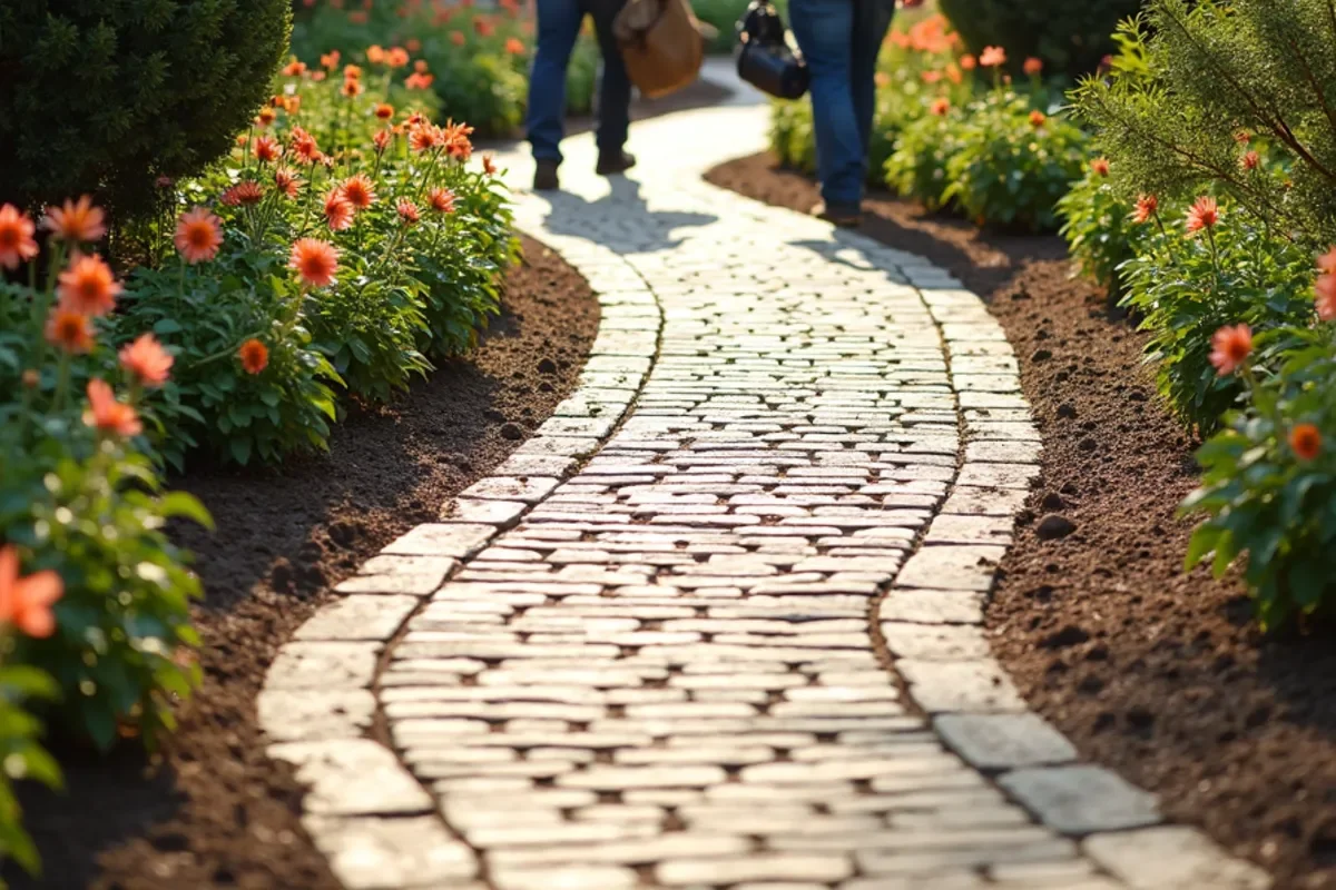 Curved stamped concrete garden walkway mimicking historic European cobblestone in Aiken