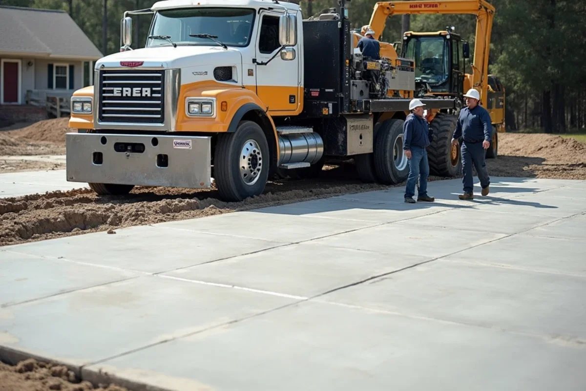 Vibratory truss screed consolidating 6-inch heavy equipment concrete floor in Barnwell County