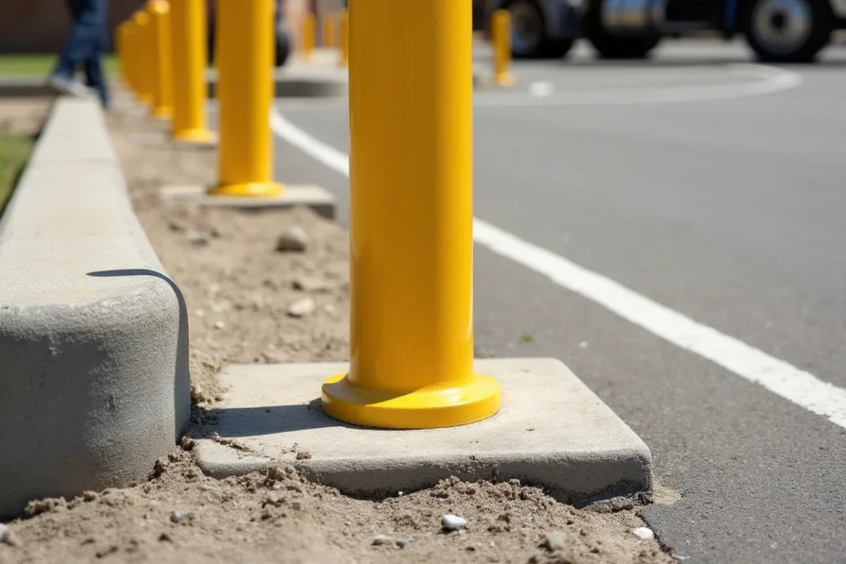 Concrete-filled 6-inch steel pipe bollard anchored into deep foundation in Batesburg-Leesville
