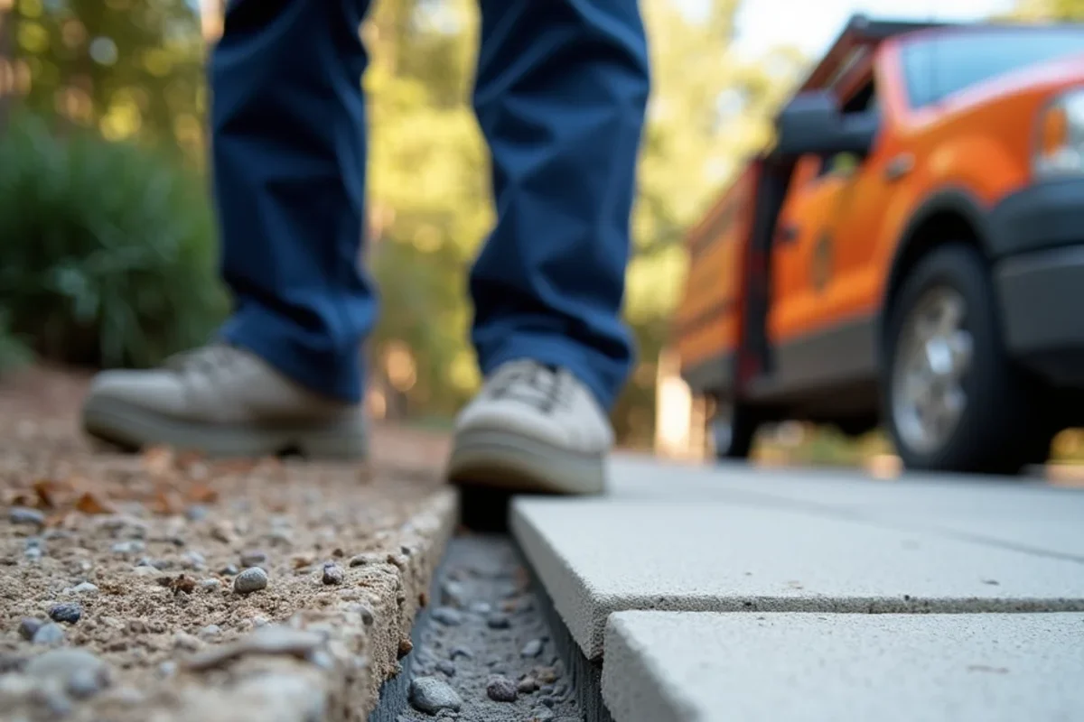 Flexible asphalt expansion joint installed between garage threshold and new driveway slab
