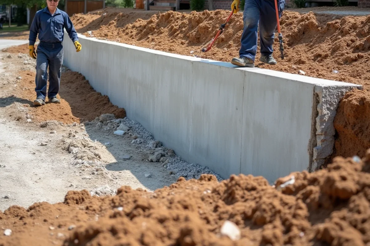 Reinforced concrete retaining wall holding back excavated hillside bank behind residential driveway