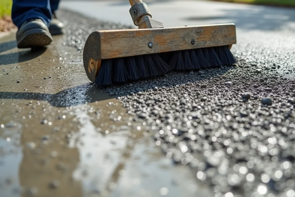Coarse broom texturing applied across steep concrete driveway slope for superior tire traction